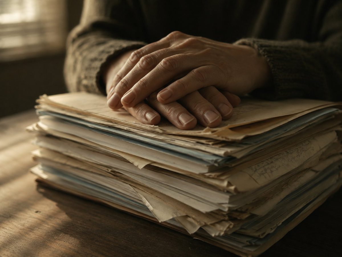 Hands resting on a thick stack of medical files
